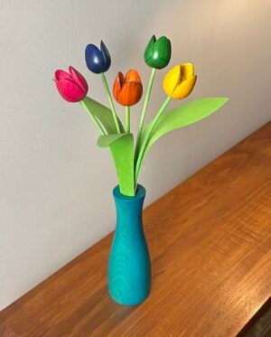 5 mixed colour tulips with turquoise 'cool' vase